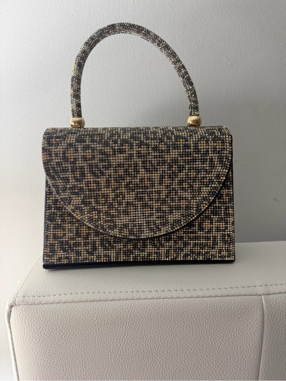 Elegant Black and Gold Rhinestoned  Leopard Design Top-Handle Evening Bag